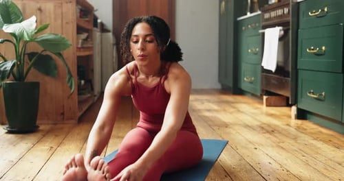 Fitness, yoga or woman stretching in home with mat, morning routine or posture for holistic self