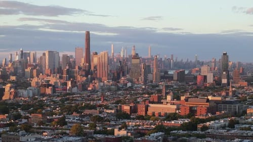 Drone footage of New York City at sunset