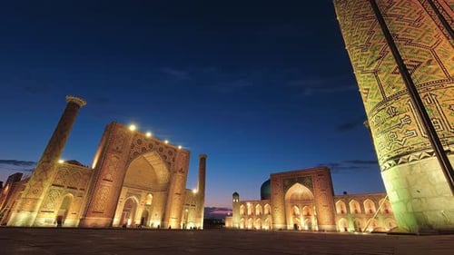 Time Lapse Sunset Behind Wonderful Registan Square (Zoom In)