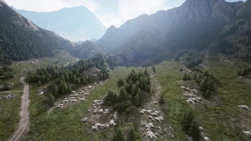 Cross Road on Hillside Meadow in Mountains