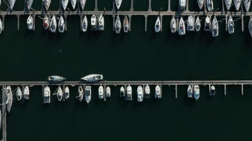 Top-down View Of Boats Moored On Jetty Near Kamperland, Zeeland, Netherlands. - aerial