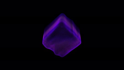 Ondas de distorsión en bucle sobre un cubo abstracto de partículas, datos digitales, salpicadura de caja, matriz de puntos