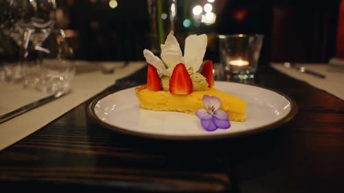 Strawberry Dessert on Plate in Restaurant Setting