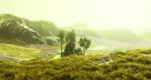 Paysage avec des montagnes et des arbres dans une lumière dorée brillante