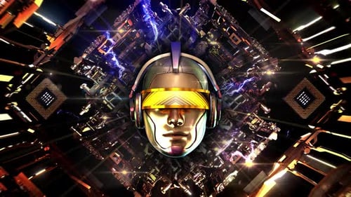 Futuristic Robotic Head with Glowing Circuits and Electric Sparks