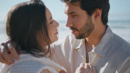 Portrait Couple Love Ocean Beach Looking Each Other with Affection Family Pair
