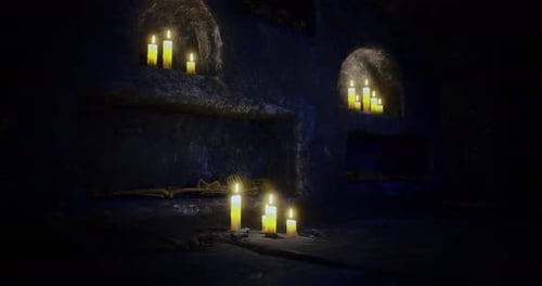 Eerie Cave with Flickering Candles and Skeletons
