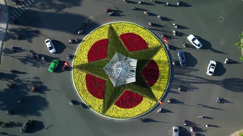 Top View in the City on the Ring Road Active Traffic Vehicles Cars and Motorcycles Travel in