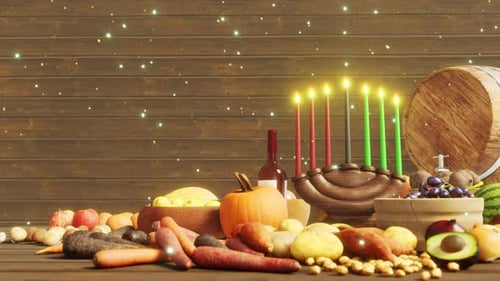 Kwanzaa Celebration Table with Kinara Candles and Traditional Food