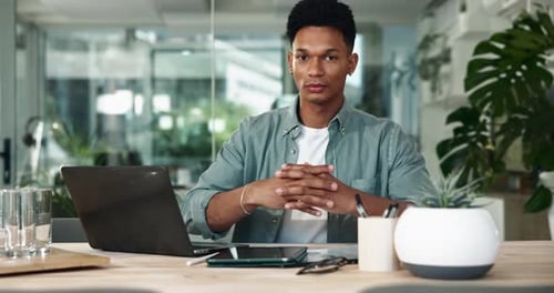 Smile, portrait and man in office with laptop, confidence and technology at creative business