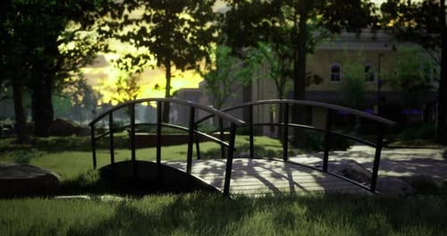 Ruhige Parkbrücke bei Sonnenuntergang mit üppigem Grün und sanfter Beleuchtung