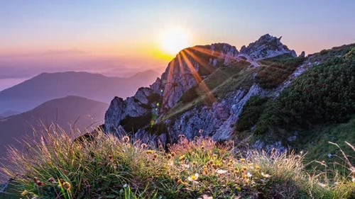 Farbenfroher Sonnenuntergang über blühender Alpenwiese in Frühlingsbergen im Zeitraffer