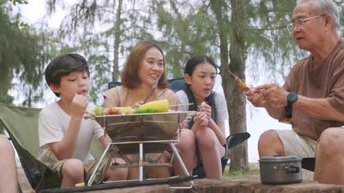 Family Enjoy Camp Summer Food Happy Moments for Children and Senior Cooking Picnic Meals Together