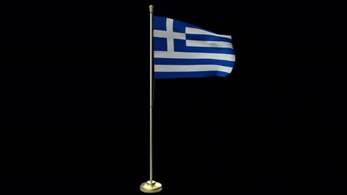 Waving Greece National Flag on Golden Flagpole Animation