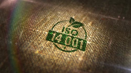 ISO 14001 certified sign stamp on linen sack loop