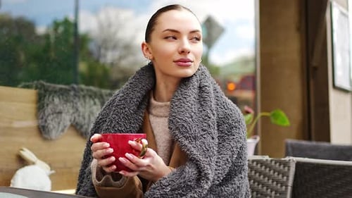 Young Woman Smiling in Street Cafe in City Portrait of Beautiful Woman Waiting and Drinking Coffee