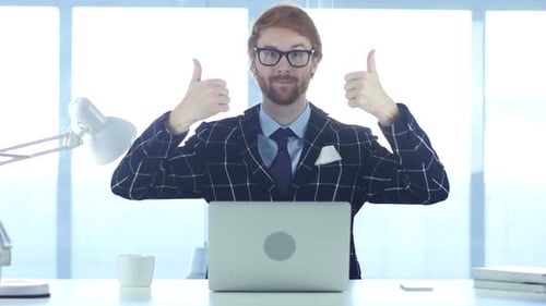 Redhead Businessman Doing Thumbs Up Gesture with Both Hands