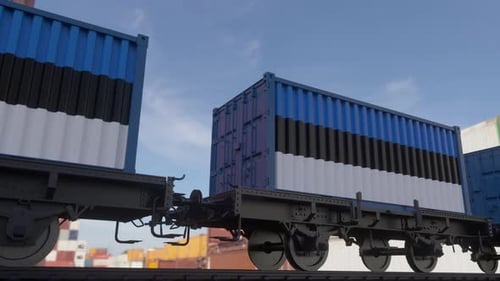 Estonia Flag Shipping Containers Moving by Rail