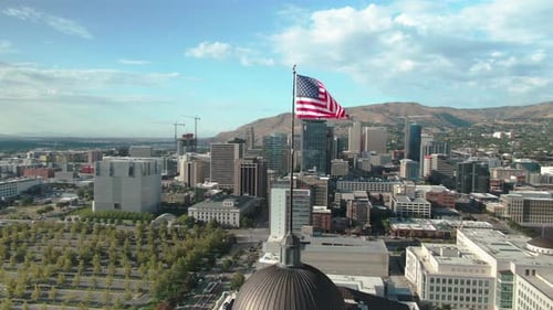 Salt Lake City Skyline with American Flag Aerial View