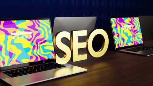 Golden SEO Text Animation with Abstract Laptop Background