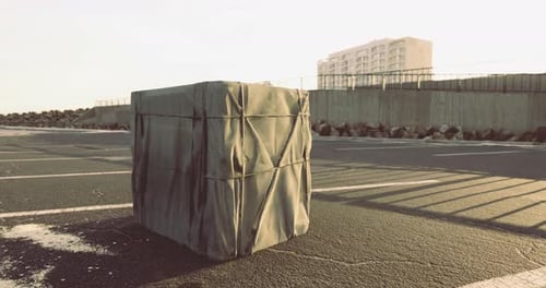 Mysterious Wrapped Object in Parking Lot Against Sunlit City Skyline