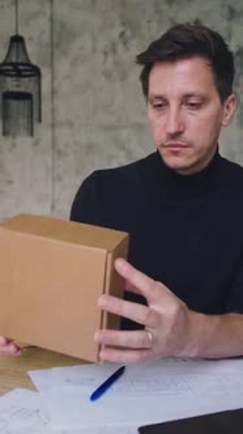 Packaging Design a Man Designer Develops a Box Design In Office of a Design Studio a Designer Comes