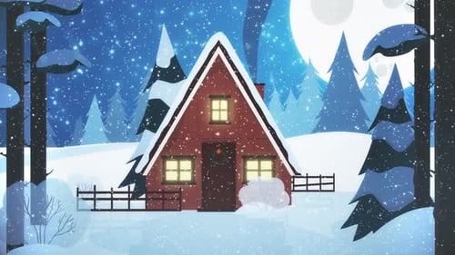 Winter Night Cabin Scene with Falling Snow Animation