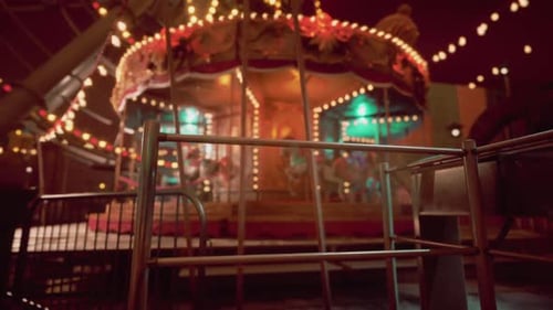 Empty Amusement Park at Night with Illuminated Carousel and Festive Lights