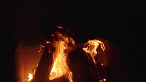 Slow motion bonfire flames burning in a firepit.