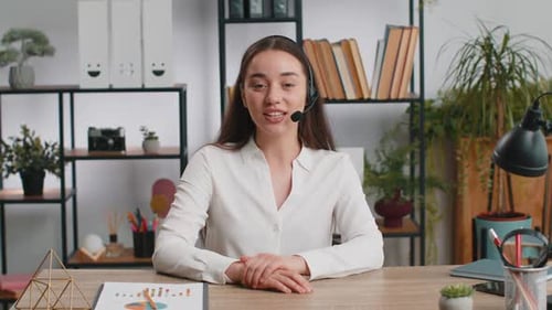 Businesswoman Working on Laptop Wearing Headset Call Center Support Service Operator Office Helpline