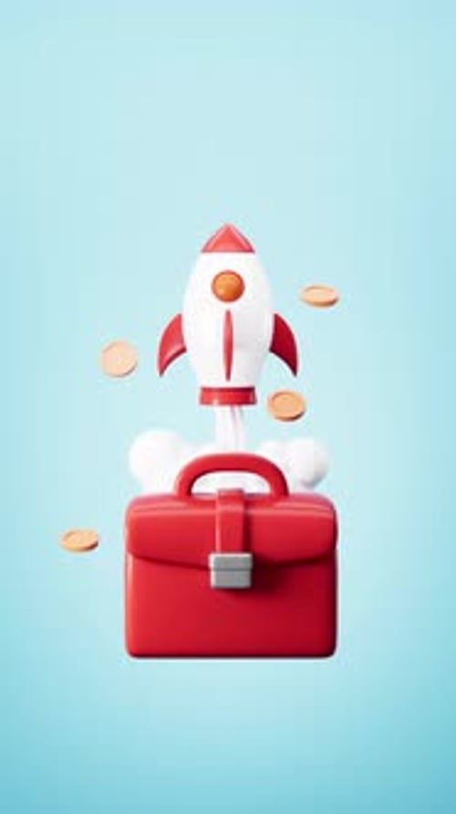 3D Business Rocket Launch with Briefcase and Floating Coins