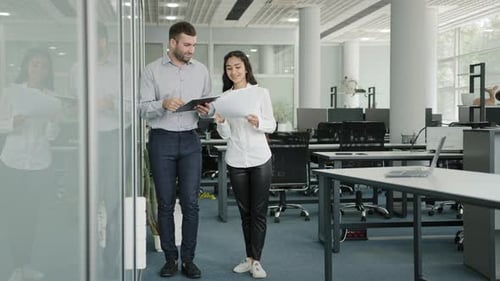 Office Colleagues Communicate at Workplace Compare Report Discuss New Strategic Business Plan Talk