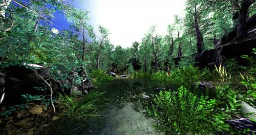 Lush Forest Landscape with Serene Water Reflecting Bright Sky Above