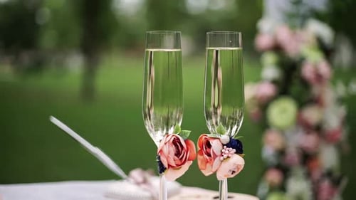 Close up of two glasses of champagne with bubbles stand on table