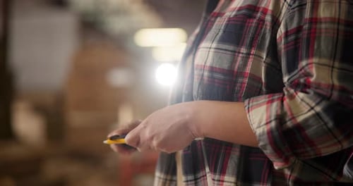 Person, hands and pencil with sharpening for construction, furniture or project