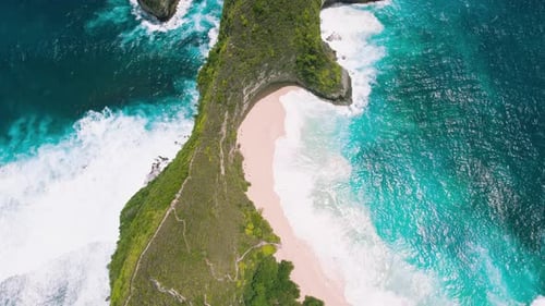 Kelingking-Sandstrand mit hohen, bewachsenen Felsklippen und türkisfarbenem Meer, Insel Nusa Penida, Bali