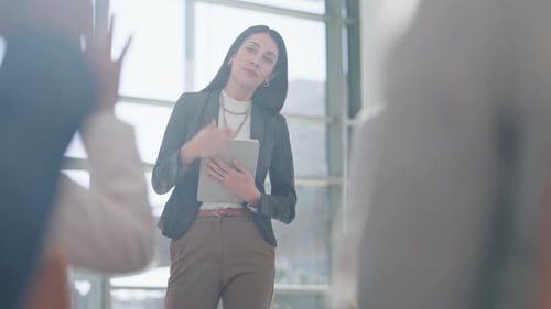 Presentation, tradeshow and woman with question in audience for conference, training or meeting