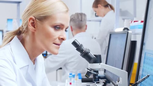 Scientist Uses Microscope in a Modern Laboratory