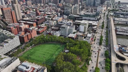 An aerial view of a city with lots of tall buildings