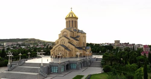 Grand Structure Of The Holy Trinity Cathedral of Tbilisi During Sunrise In Tbilisi, Georgia. Aerial