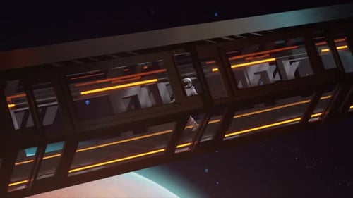 Space Concept Astronaut Going Through the Long Tunnel to Another Compartment of the Space Gateway 3d
