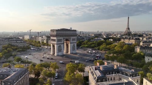 Aerial shot of Place Charles de Gaulle and Arc de Triomphe, Paris, France