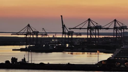 Aerial View of Limassol Port at Sunset Cargo Ships Loading in Cyprus