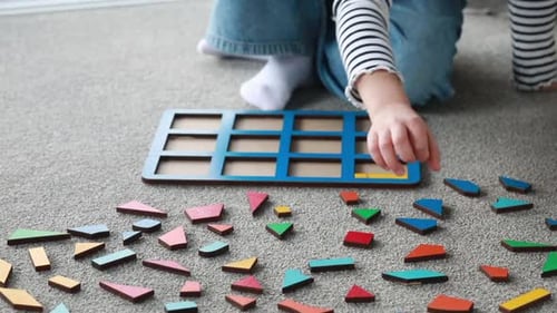 The Child Arranges Colorful Geometric Shapes in a Frame Children's Educational Wooden Puzzle Game
