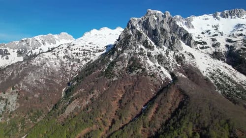 Mountain peaks covered in white snow, sunny day with blue sky in Albanian Alps