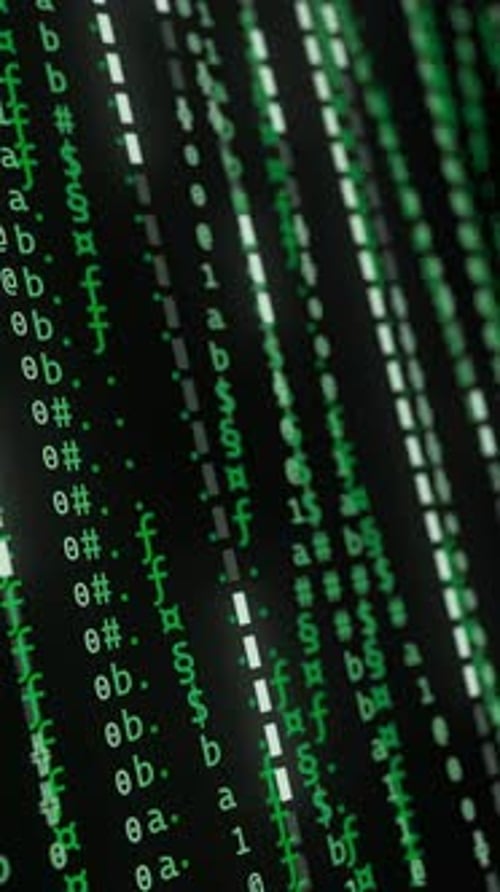 Abstract Green Binary Symbols Flowing As Computer Code Blockchain Database and Big Data Matrix
