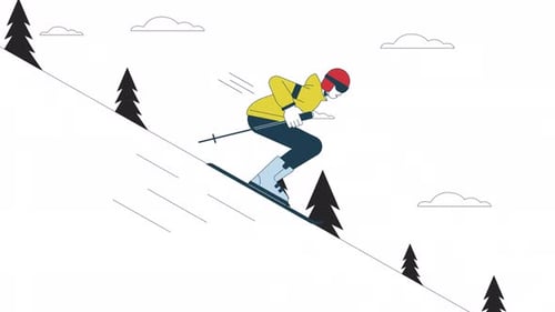 Flat Design Animated Skier Going Downhill in Winter