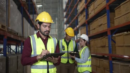 Blue collar workers are working at warehouse.