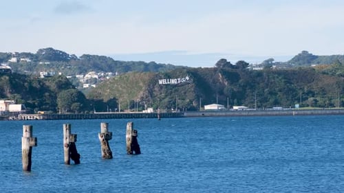 Scenic harbour view with big Wellington sign in the hills in capital city of Wellington, New Zealand