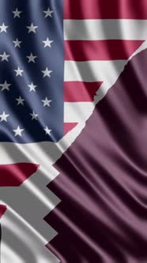 Waving United States and Qatar Flags Vertical Split Screen Display